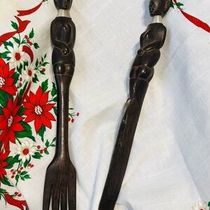Hand Carved African Ebony Wood Salad Fork & Knife Set